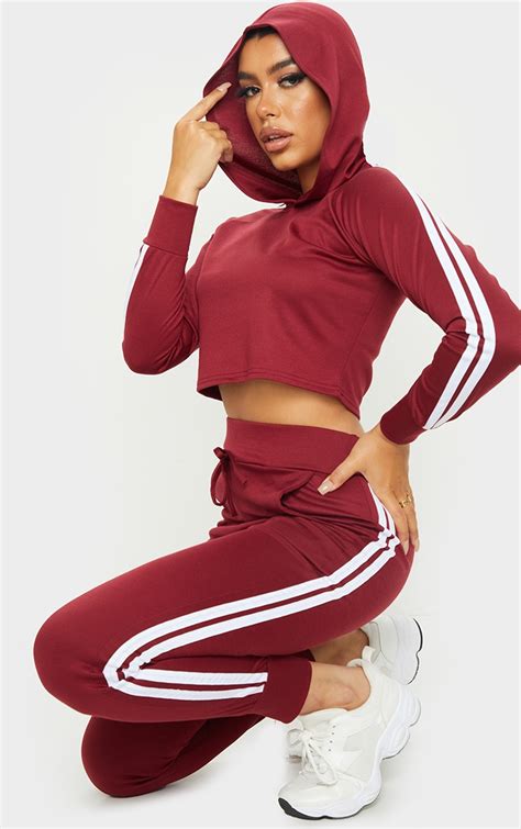 burgundy striped cropped hoodie.